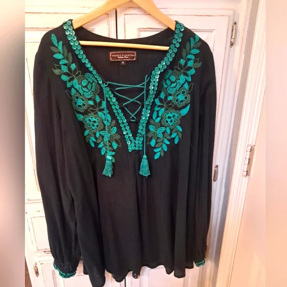 Double D Ranch Black Top Blue Embroidered Turquoise Button Embelish Sheer - Picture 1 of 7